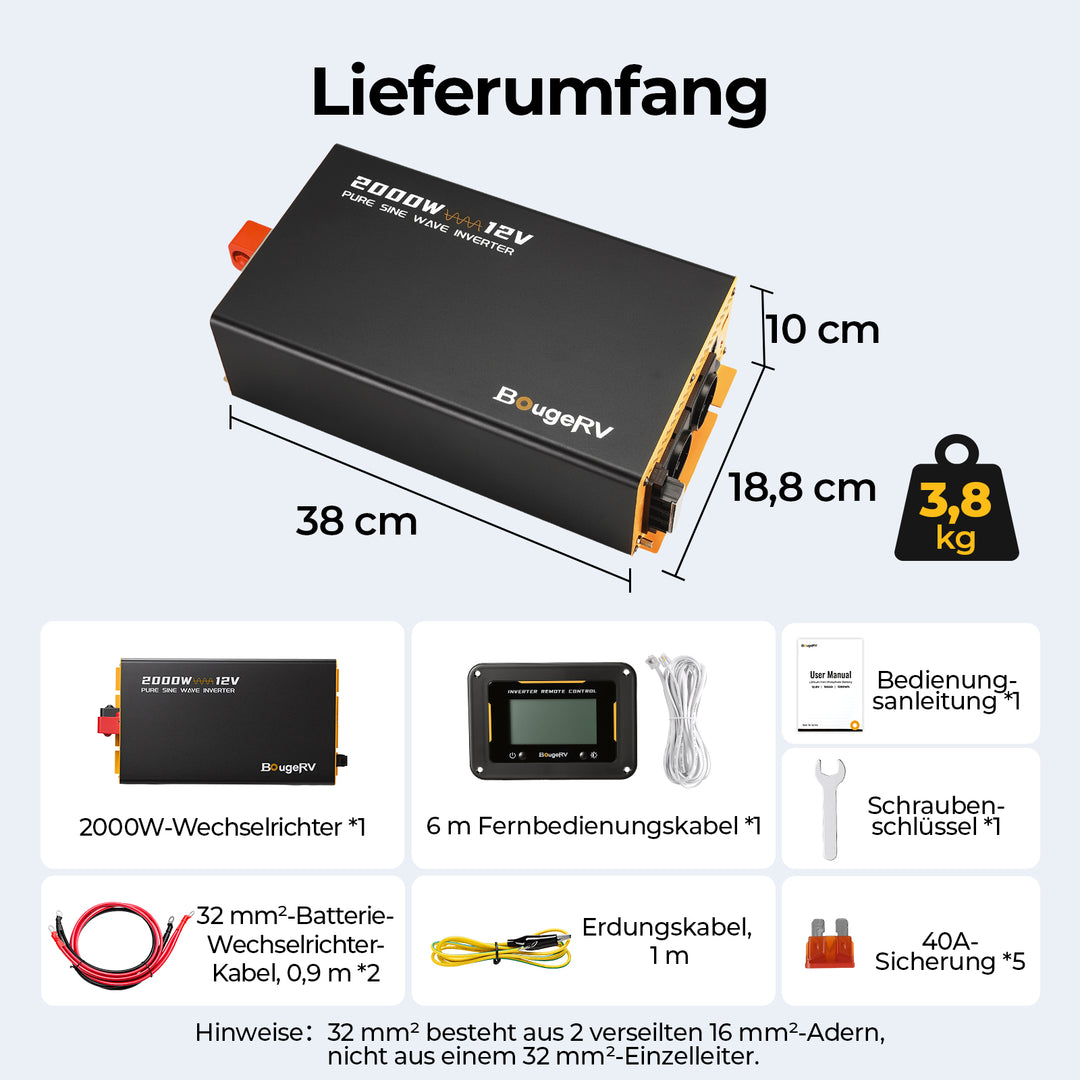 BougeRV 2000 W 12 V Rein-Sinus-Wechselrichter