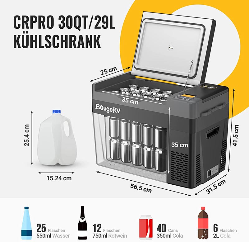BougeRV CRPRO 29 Liter 12V Tragbarer Auto Kühlschrank Schwarz